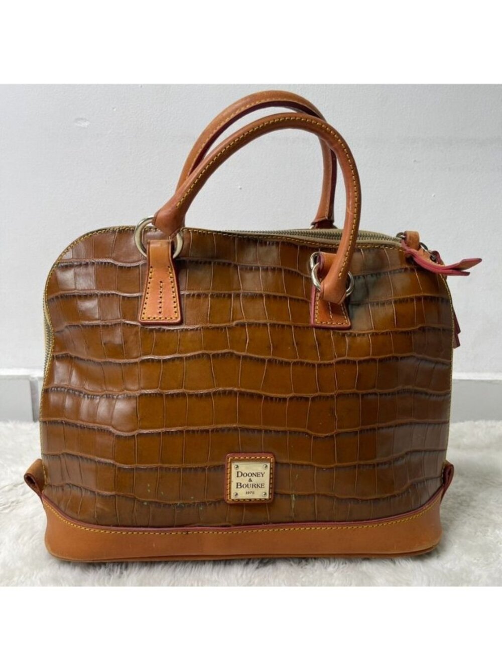 Dooney & Bourke Crocodile Embossed Brown Leather Domed Satchel Bag Purse Vintage